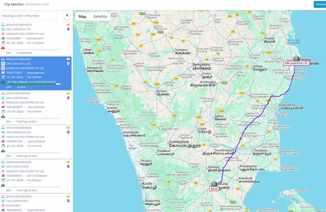HashTrak live fleet tracking dashboard showing real-time vehicle positions, route deviations, and SLA monitoring
